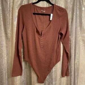 Aerie Burnt Orange Ribbed Long Sleeve Henley Bodysuit XL NWT